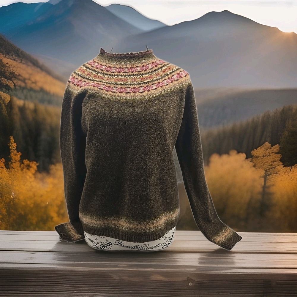VTG Talbots Womens Fair Isle Lambs Wool Knit Sweater Olive Brown Nordic Large